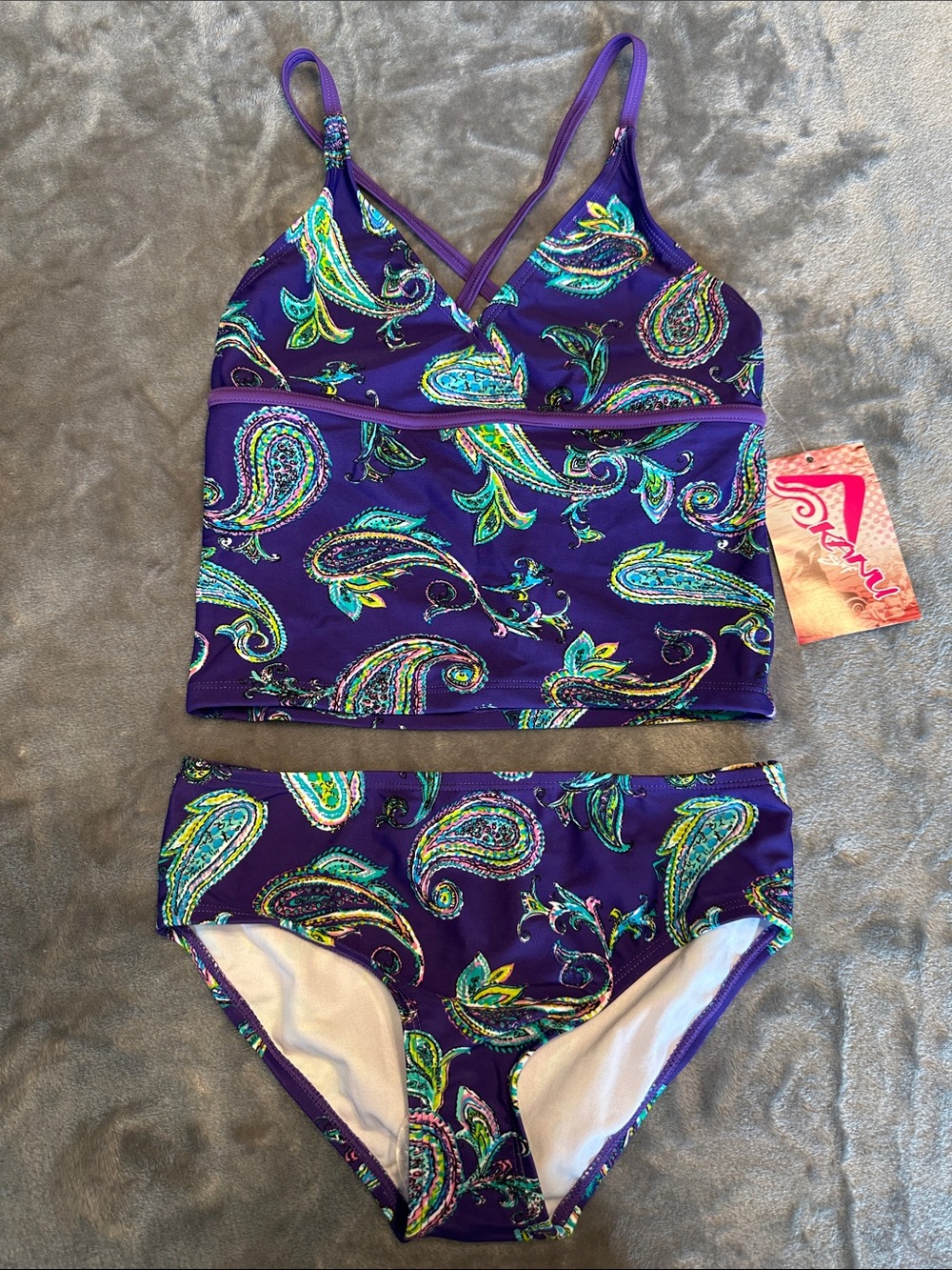 NWTS Kanu Surf Purple Paisley Girls' Two-Piece Tankini Swim Set Sz 14